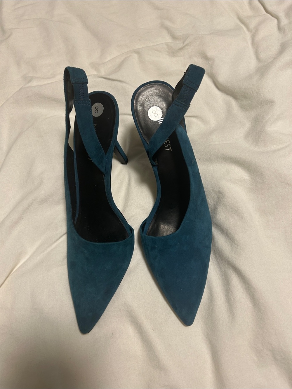 Pointed-Toe Teal Suede Slingback Heels